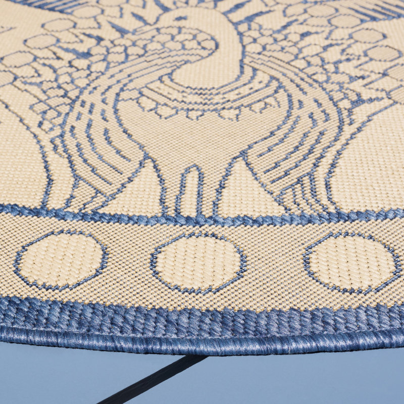 Arneshia Floral Natural/Blue Area Indoor/Outdoor Area Rug, Round 6'7"
