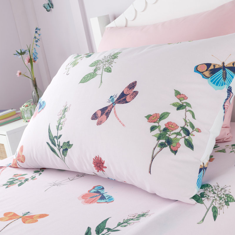 Androula Cotton Blend Floral Duvet Cover Set with Pillowcases, Pink/Green, Single Duvet Cover + 1 Standard Pillowcase