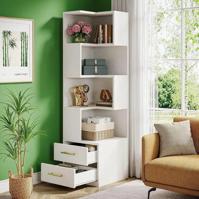 Bibliothèque d'angle en L avec 2 tiroirs, étagère de rangement et de présentation blanche à 5 niveaux, bibliothèque haute de 66,92 po pour le salon, le bureau et la chambre à coucher