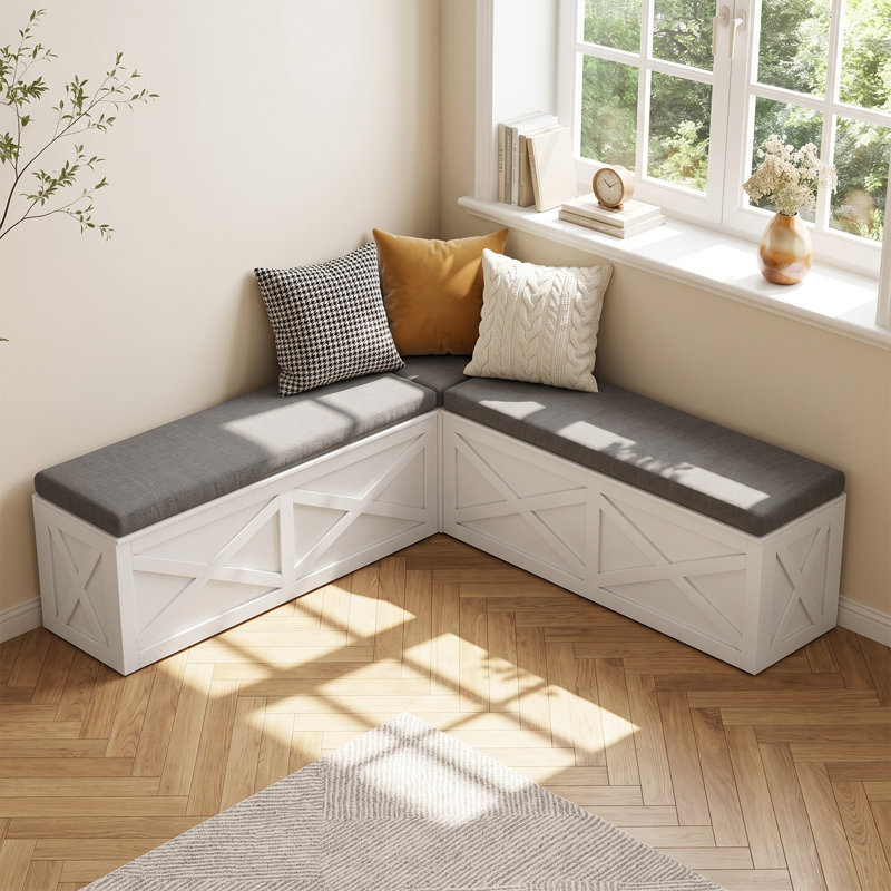 L-Shaped Corner Bench With Storage, Breakfast Nook Bench With Gray Cushions, White, White