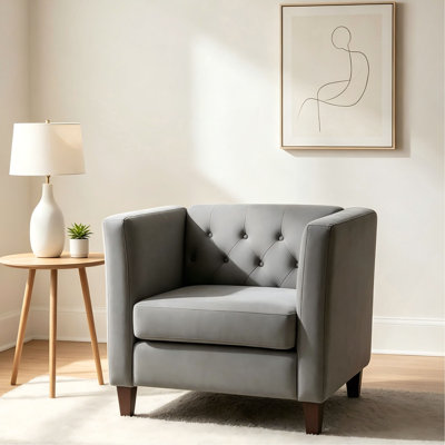 Fauteuil d'appoint moderne capitonné en velours capitonné, fauteuil carré avec pieds fuselés en bois et fauteuil capitonné de style Mid-Century pour la chambre à coucher du salon