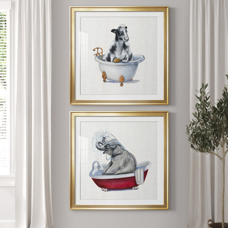 «Bathing Beauty I», ensemble de 2 reproductions d'art encadrées, Papier encadré doré, Blanc, H 30,5 po x l 61 po x P 1,5 po