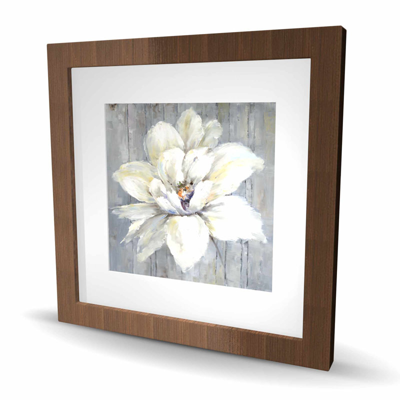 Fleur blanche sur bois - reproduction encadrée avec passe-partout | Décor de ferme, H 16 po x l 16 po