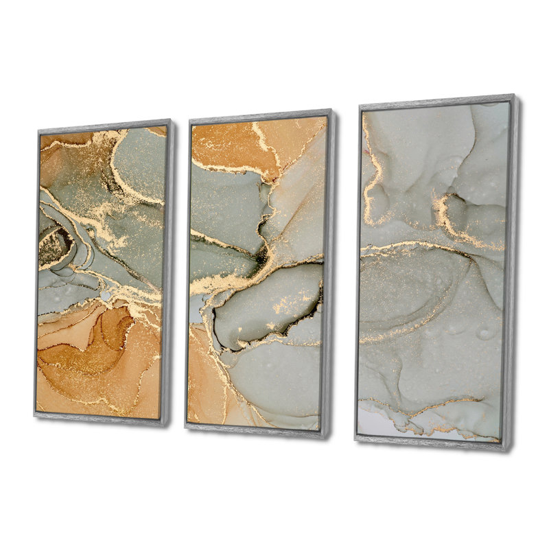"Brown Luxury Abstract Fluid Art VI", 3 pièces, cadre flottant, impression sur toile, H 28 po x l 36 po, Argent