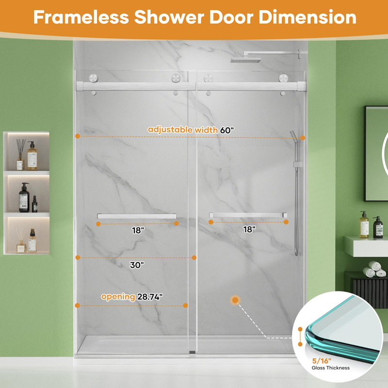 60'' W X 74'' H Door Double Sliding Frameless Shower Door With 8Mm Easy Clear Tempered Glass LYM-03 Brushed Nickel