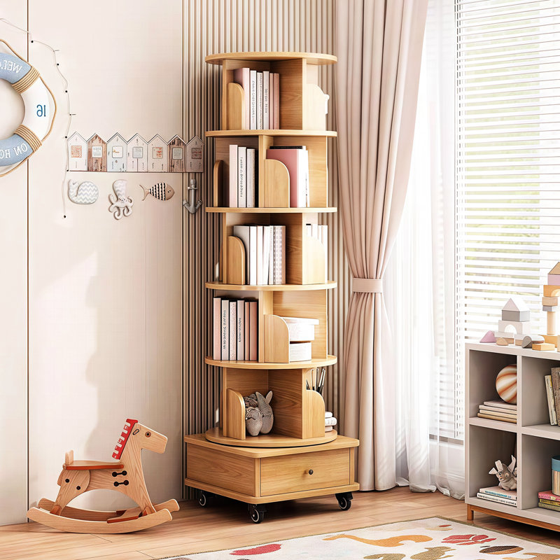 Étagère ronde à 6 niveaux avec roulettes 360, avec roulettes, tiroir, espace, couleur bois pour roues de chambre à coucher et couleur, présentoir à cubes verticaux