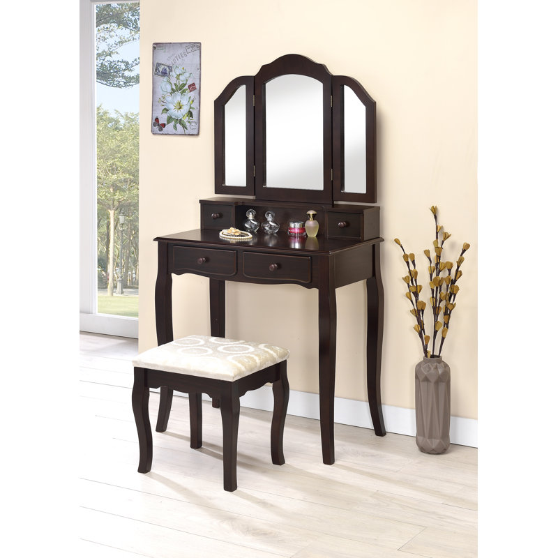Llanes Solid and Manufactured Wood Vanity Set with Tri-Fold Mirror and Stool , Espresso