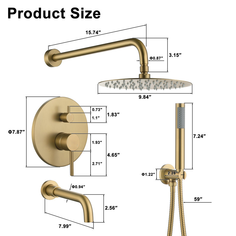 Robinet mélangeur de luxe en laiton massif à 3 fonctions mural, débit de 1,8 gal / min et deux pommes de douche avec valve brute