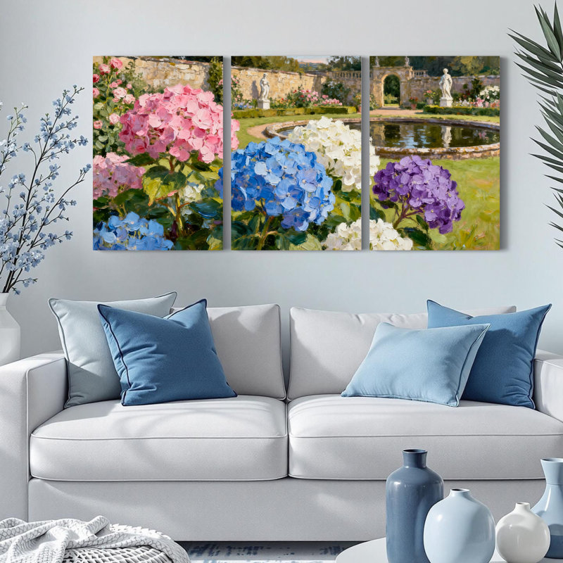 Ensemble de 3 tableaux sur toile « Jardin d'hortensias », H 30 po x l 60 po