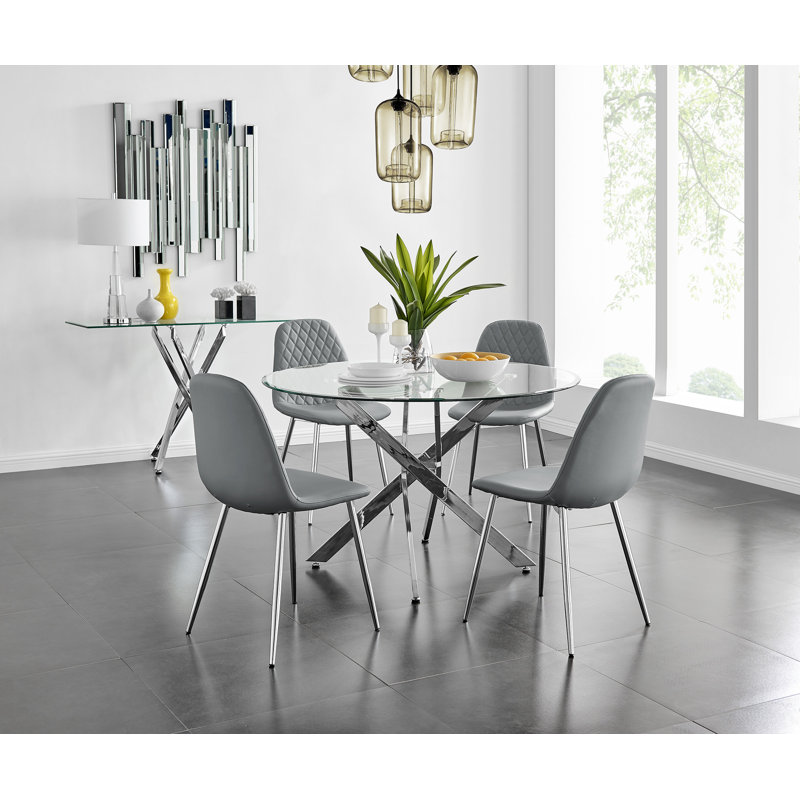 Tierra Modern Chrome Metal & Glass Round Dining Table Set with 4 Luxury Faux Leather Chairs, Elephant Grey