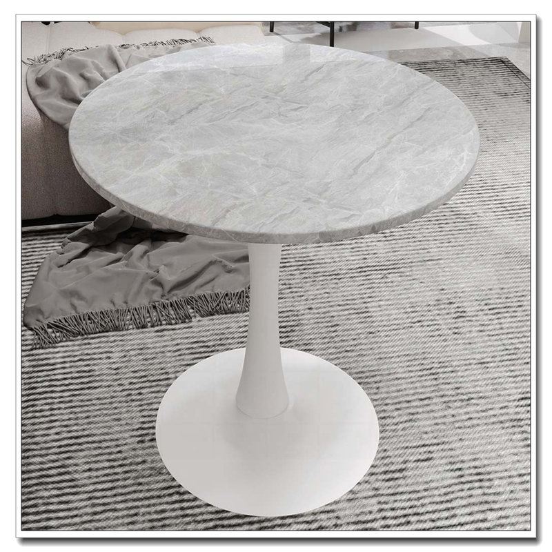 Wood Round Dining Table With Pedestal Base,Coffee Table, Gray Marble, White
