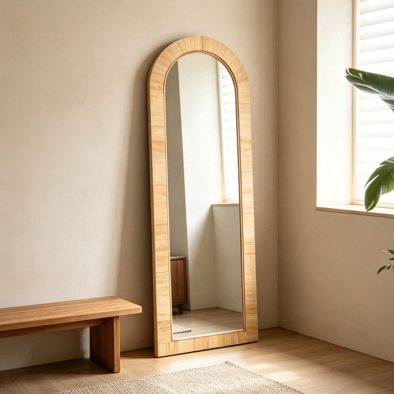 Miroir pleine grandeur en rotin, salle de bain arquée en osier de style bohème 20 po x 63 po Coastal Farmhouse, 20 x 63, Arch