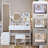 Mirror Cabinet + Round Mirror LED Vanity Table + Cushioned Stool, With 2 AC + 2 USB Power Station,17" Diameter LED Mirror, Touch Control-562142297