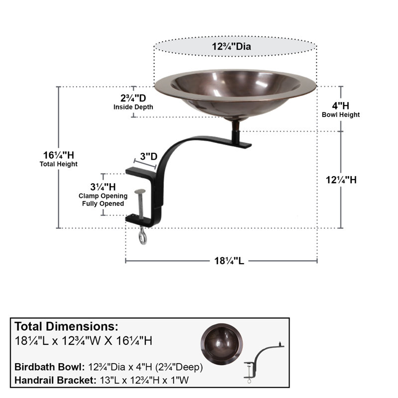 15'' Antique Copper Metal Rail-Mounted Birdbath