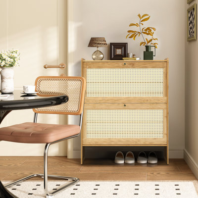 Armoire à chaussures à 4 niveaux pour vestibule, rangement pour chaussures en rotin avec 2 tiroirs rabattables