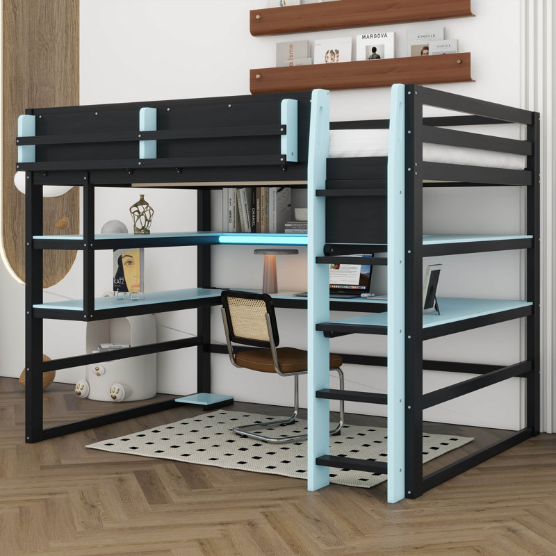 Lit mezzanine en bois Gaming, Lit double, Bleu nuage