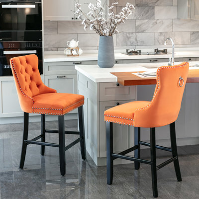 Contemporary Velvet Upholstered , Button , Adjustable Pegs, Of 2  orange Modern Bar Chairs, Nailhead Trim,