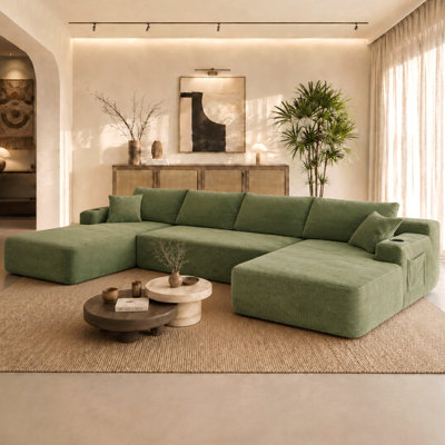 126" Cloud Sectional Sofa With U-Shape Chaise And Side Pockets And Cup Holder , Modern Modular Design, Deep Seating, Upholstered Couch For Living Room/Bedroom, No Assembly Required (Corduroy)Green