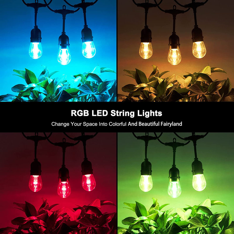Hanjun 48ft Outdoor String Light with 15 Bulbs Music-Synced Colour Changing and Remote Control