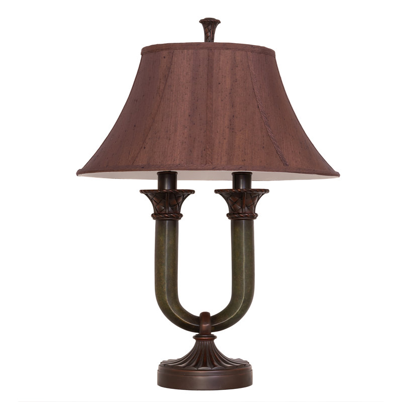 Cypress Bronze Twin Column 2-Light Table Lamp with Mahogany Shade