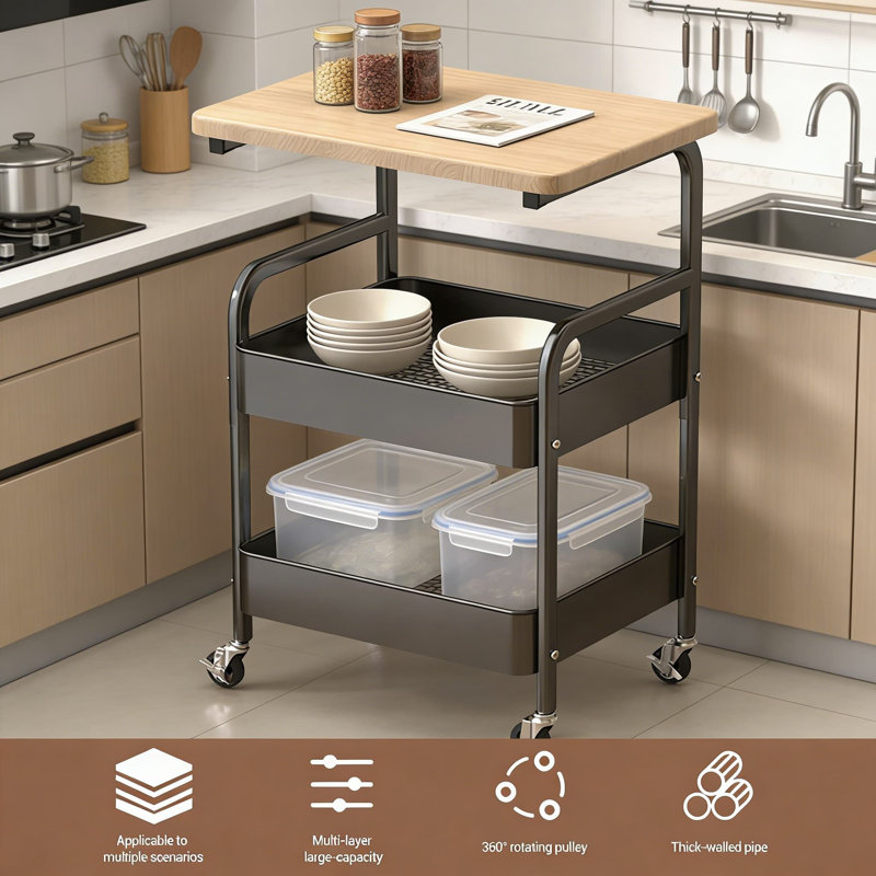 Chariot utilitaire roulant à 3 niveaux avec roues verrouillables et plateau de table en bois - Organisateur de rangement mobile pour la cuisine, le bureau, la salle de bain et le salon