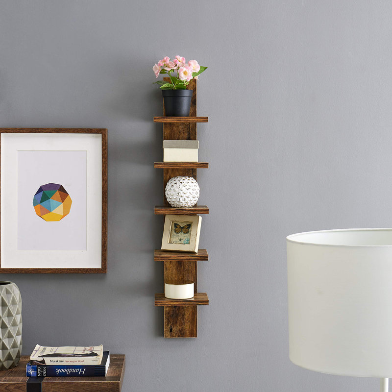 5 Tier Wall Shelf Unit Narrow Smooth Laminate Finish - Vertical Column Shelf Floating Storage Home Decor Organizer (Pine)