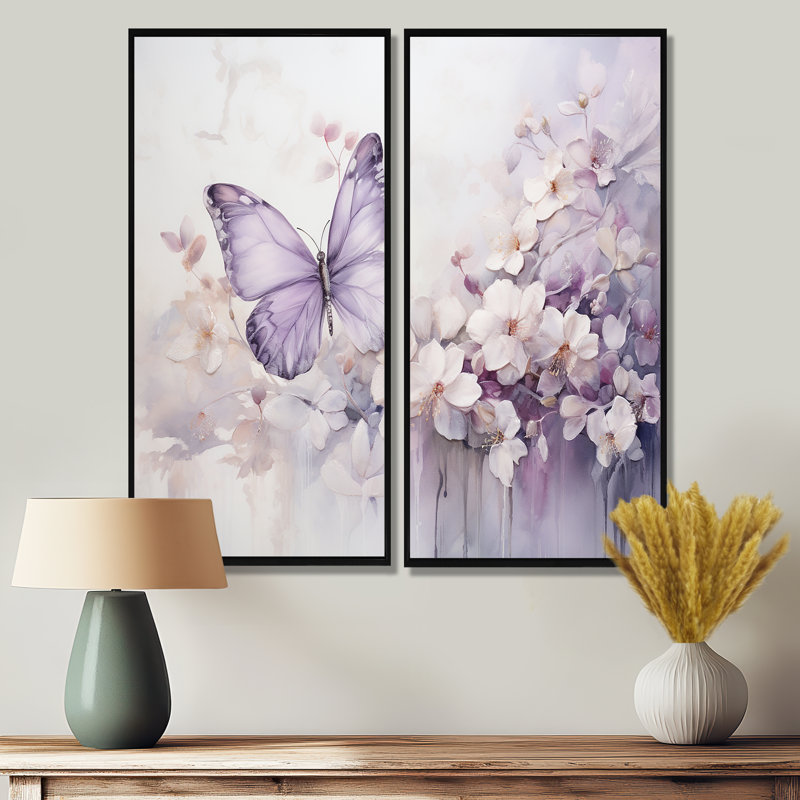 Papillon mauve Enchanted Flight II - ensemble de 2 impressions sur toile modernes, 32" H x 32" W, Noir