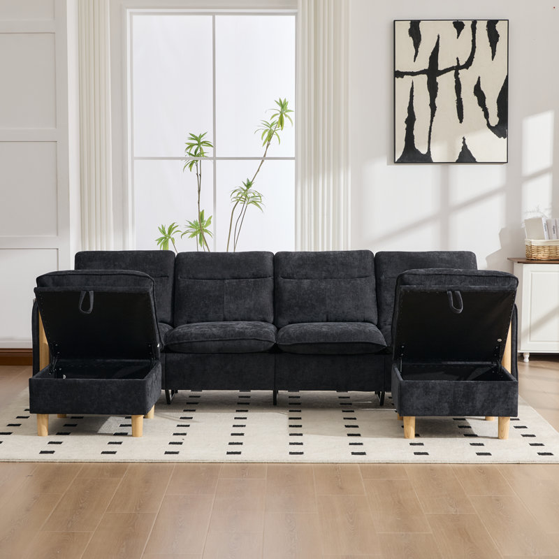 102" Modular U-Shaped Sectional Sofa with Storage Ottoman, Chenille Upholstered Couch with Deep Spring Cushions and Side Pockets for Living Room,Apartment