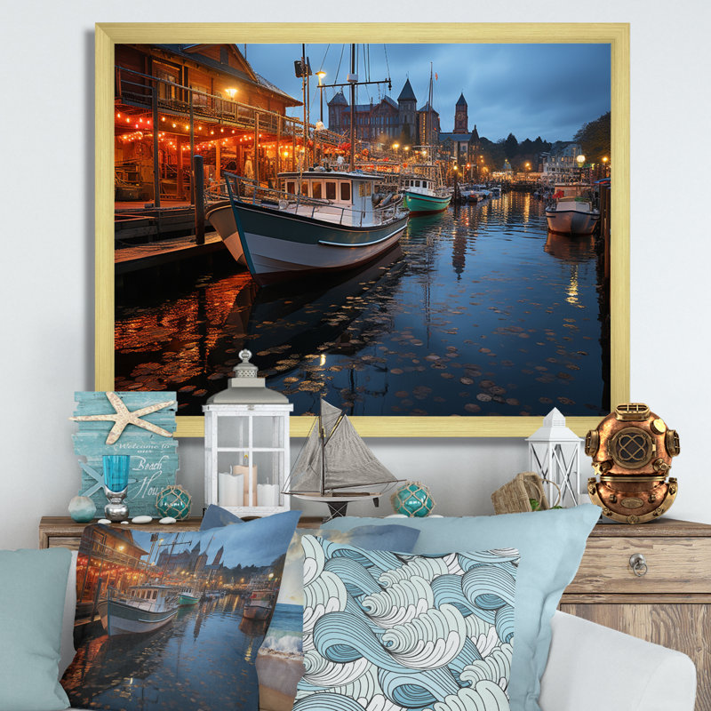 Port Harbour Lights - Nautical & Beach Canvas Prints, H 34 po x l 44 po x P 1,5 po, Encadrement doré