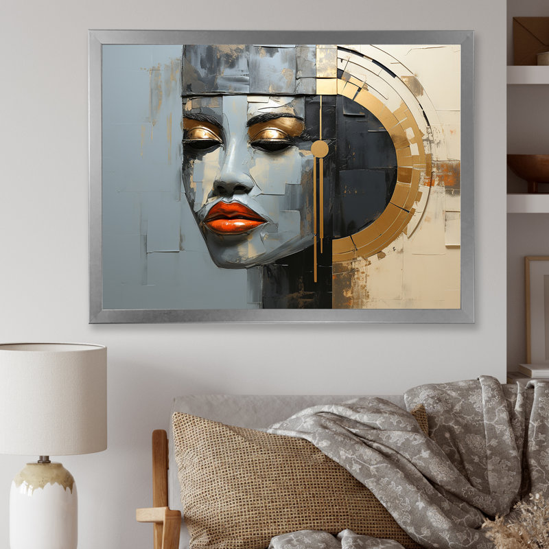 «Gray Gold Paint Collage Portrait», reproduction d'art sur toile, Cadre photo argenté, H 34 po x l 44 po x P 1,5 po