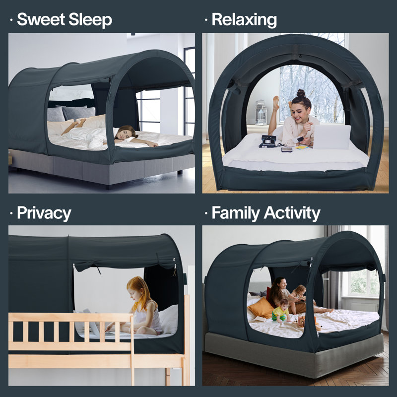 Bed Tent Canopy - Pop Up Privacy Sleeping Tent for Indoor Use, Light Reducing & Breathable Grey Cottage Design, Portable Frame with Mesh Windows