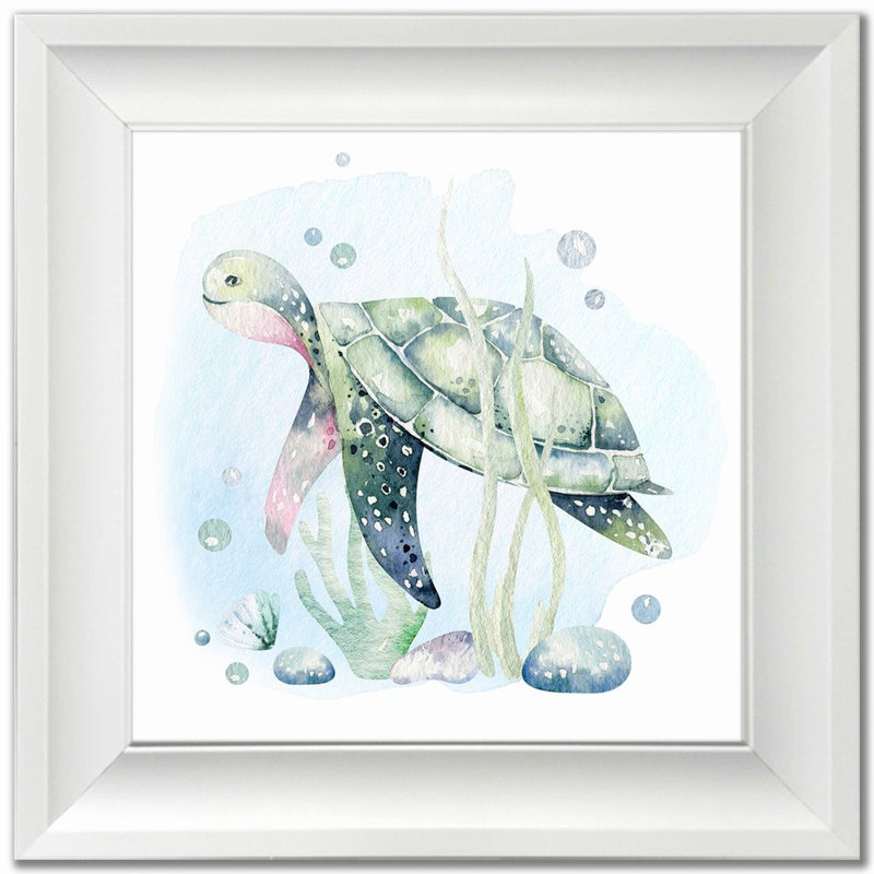 Tortue 1, art mural sur toile, Cadre d'angle fermé blanc, H 17,5 po x l 17,5 po