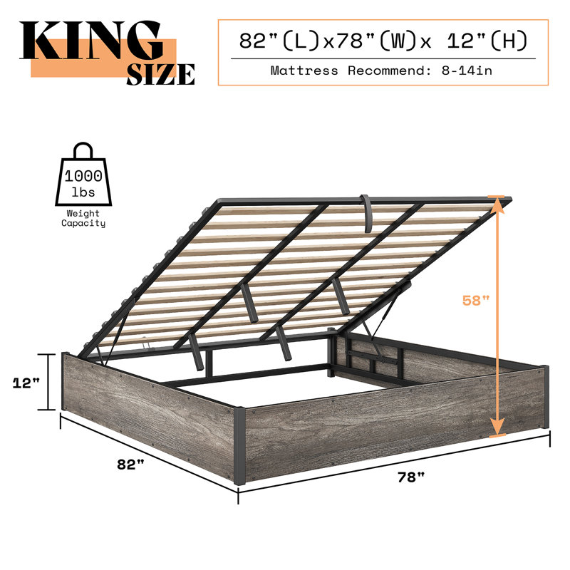 Shila Lift Up Storage Bed, Gray, King