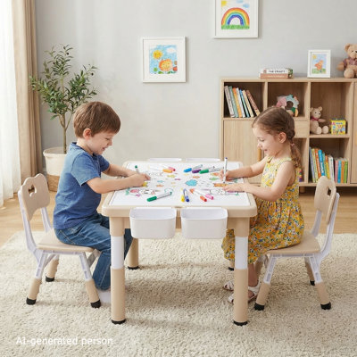 Kids Table and 2 Chairs Set, Height Adjustable Toddler Activity Lego Table with Large Storage & Double-Sided Graffiti/Block Building Tabletop, 4 Drawers for Home, Preschool, Classroom(beige)