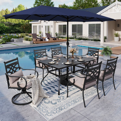 6 - Person Outdoor Dining Set with Umbrella Featuring 2 Swivel Chairs