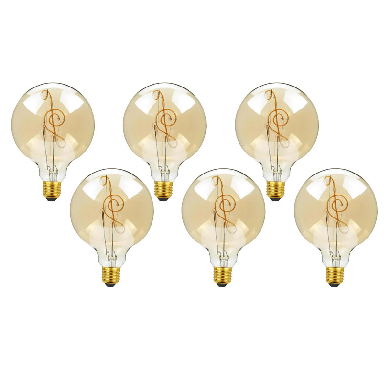 Vintage G125 4W E27 Edison LED Screw Bulb, Retro Style Music Design Filament Glass Antique Warm White Indoor Lamp and Decorative Lighting Bulb pack of 6