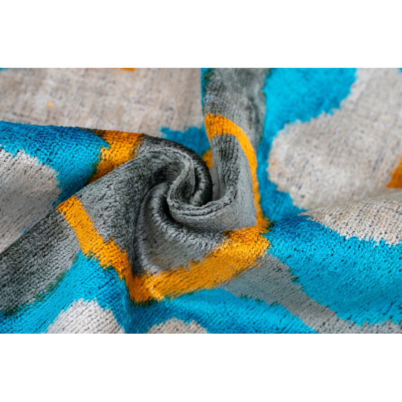 Handmade Square Blue Yellow Gray Velvet Accent Pillow 20"x20"