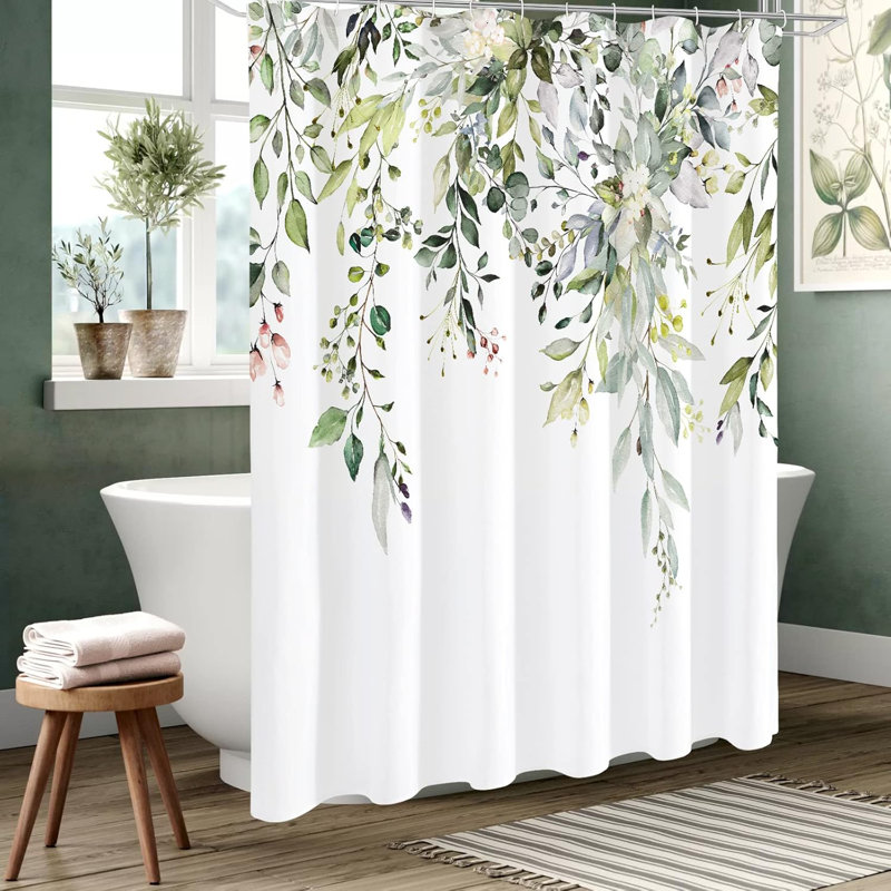 Long rideau de douche à motif aquarelle floral vert sauge - Rideau de salle de bain en tissu de polyester imperméable avec œillets antirouille, impression numérique HD pour des couleurs éclatantes