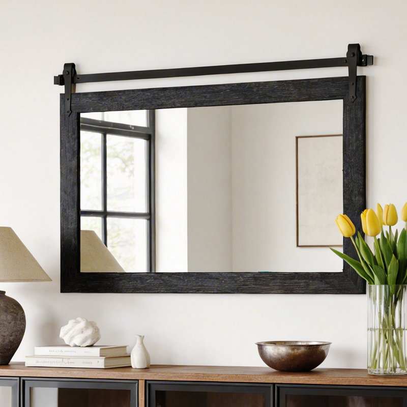 Rustic Farmhouse Solid Wood Accent Mirror Decorative Mirror Rectangle Bathroom Mirror Barn Wall Mirror, Black, 27.4" x 41.5"