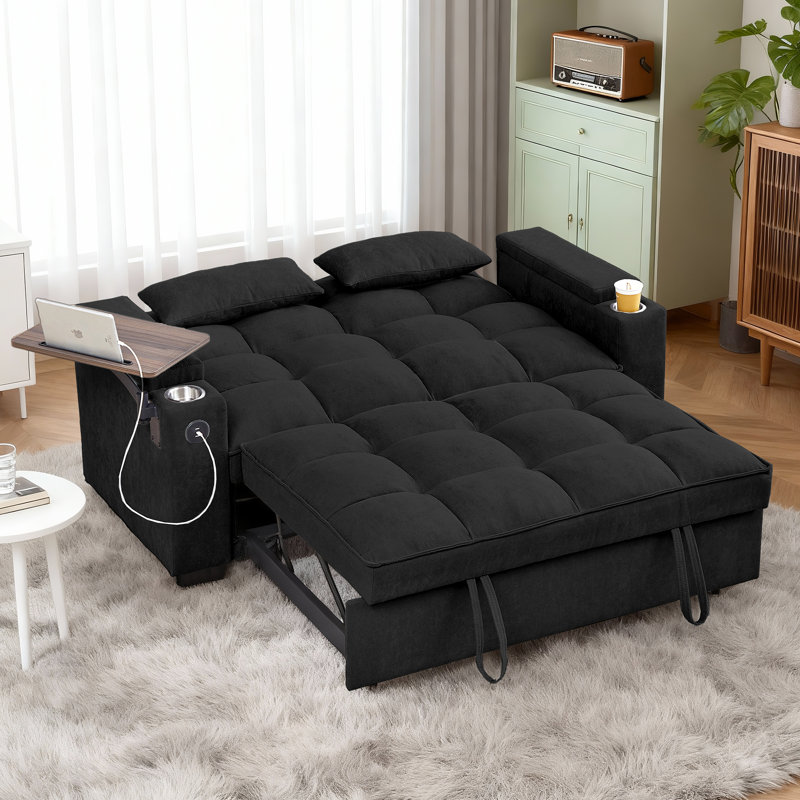 Latitude Run® 65'' 3-in-1 Convertible Sofa Bed, Pull out Sleeper Sofa with 360° Swivel Side Table, USB, Cup Holder, Storage Armrest