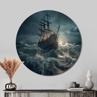 Ship In The Middle Of A Storm I - Landscapes Round Metal Art