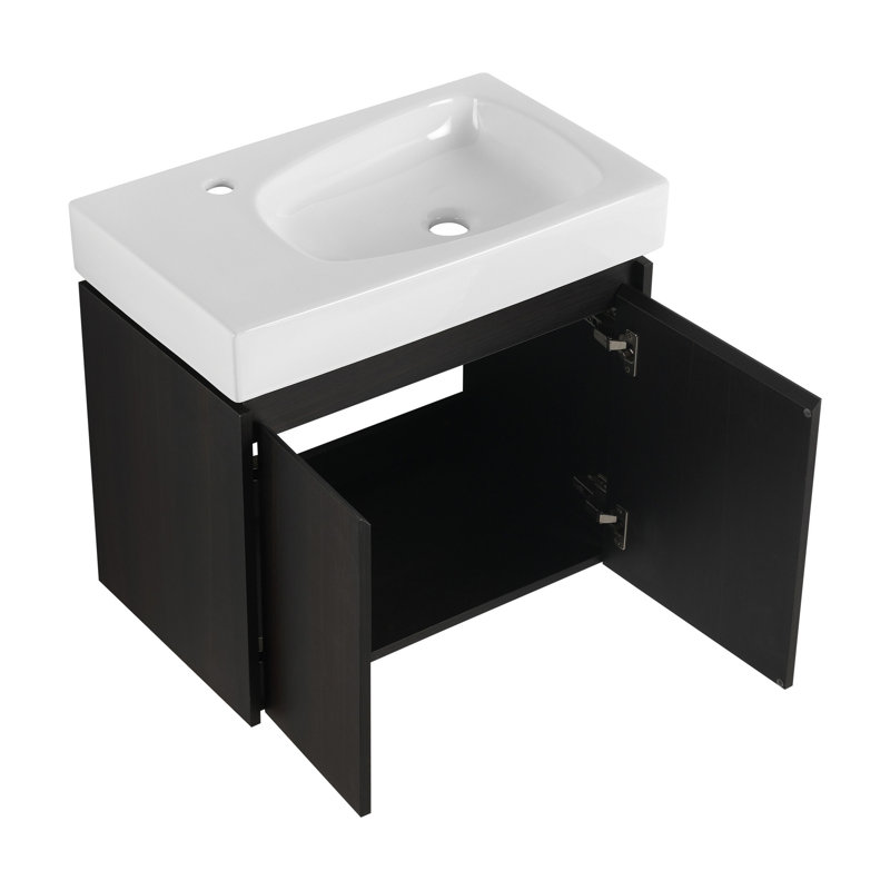 Meuble-lavabo 24 po avec lavabo en céramique, meuble-lavabo flottant mural, armoire de rangement en bois avec portes doubles pour la salle de bain