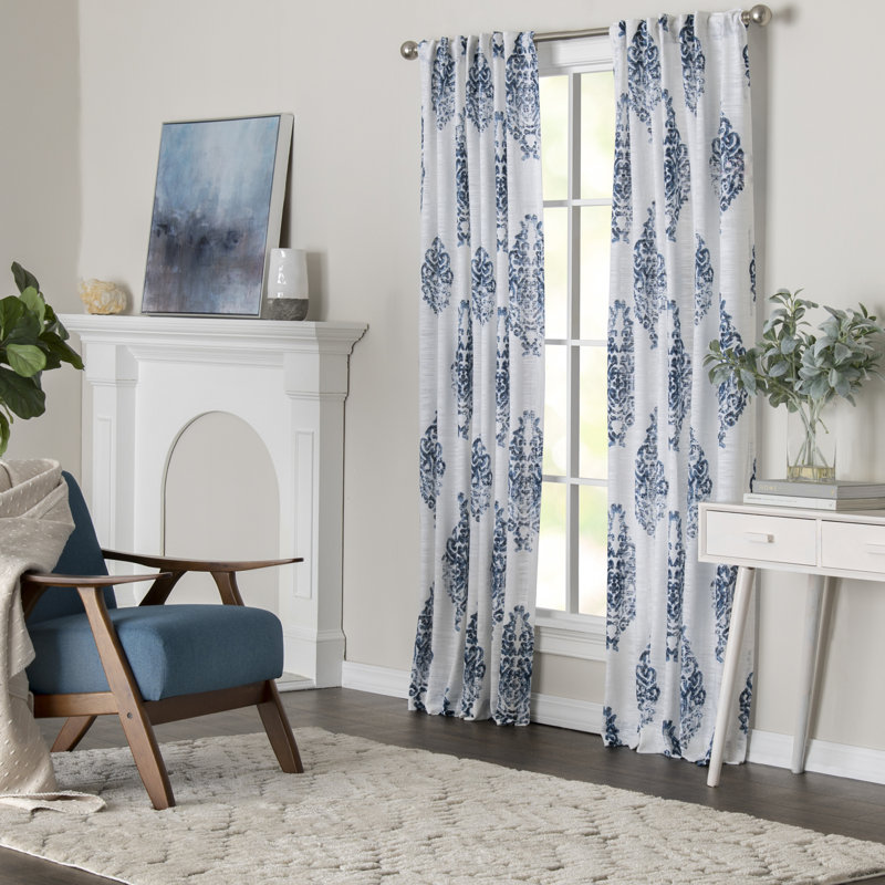 Ollivia 100% Cotton Room Light Filtering Medalion Patterned Curtain Panel with Rod Pocket Top and Hidden Back Tabs, Blue