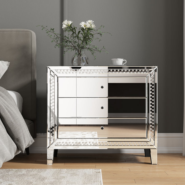 Yolanta 33" Large Mirrored Glass Nightstand Bedroom Crystal Decor