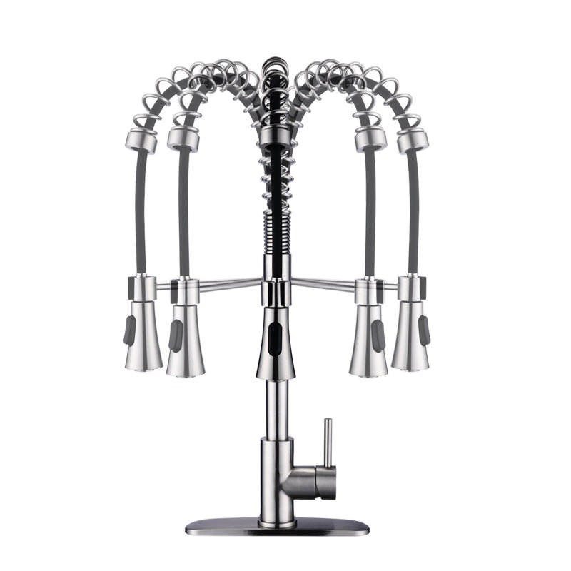 Commercial Style Kitchen Faucet In Brushed Nickel - Single Handle Spring High Arc, Pull Down , Finish To Corrosion And
