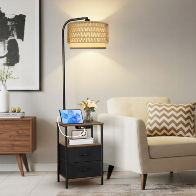 63.19" Floor Lamp With Table And Remote Control Wicker Double Lampshade End Table