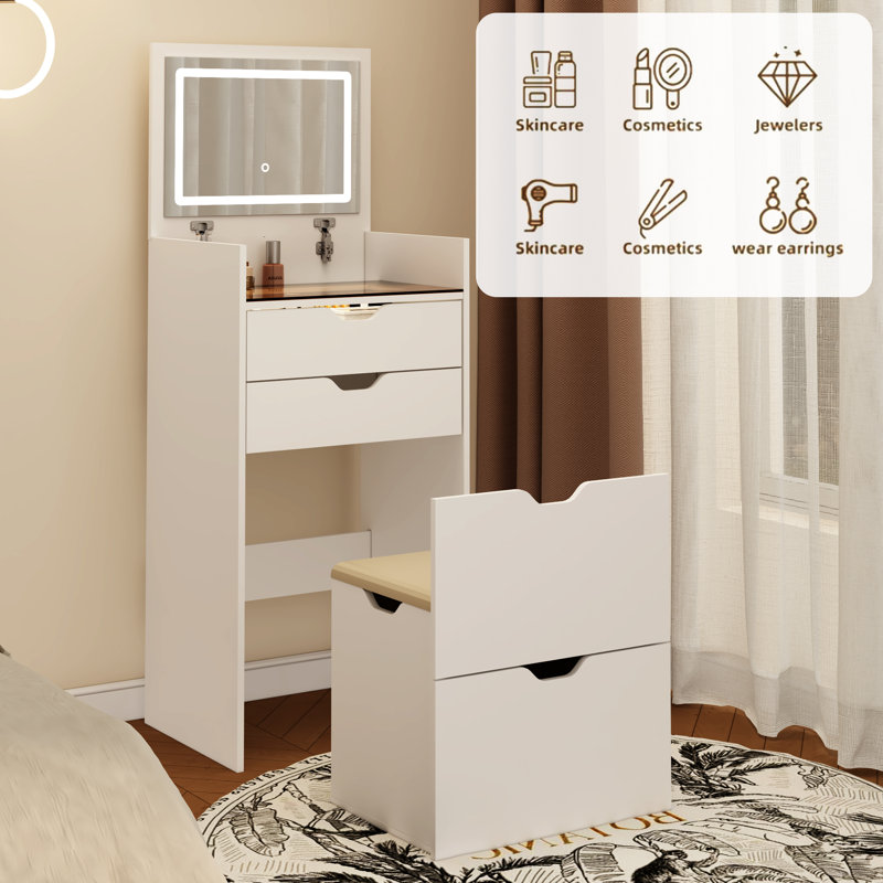 Coiffeuse 3 en 1 avec miroir lumineux et tabouret