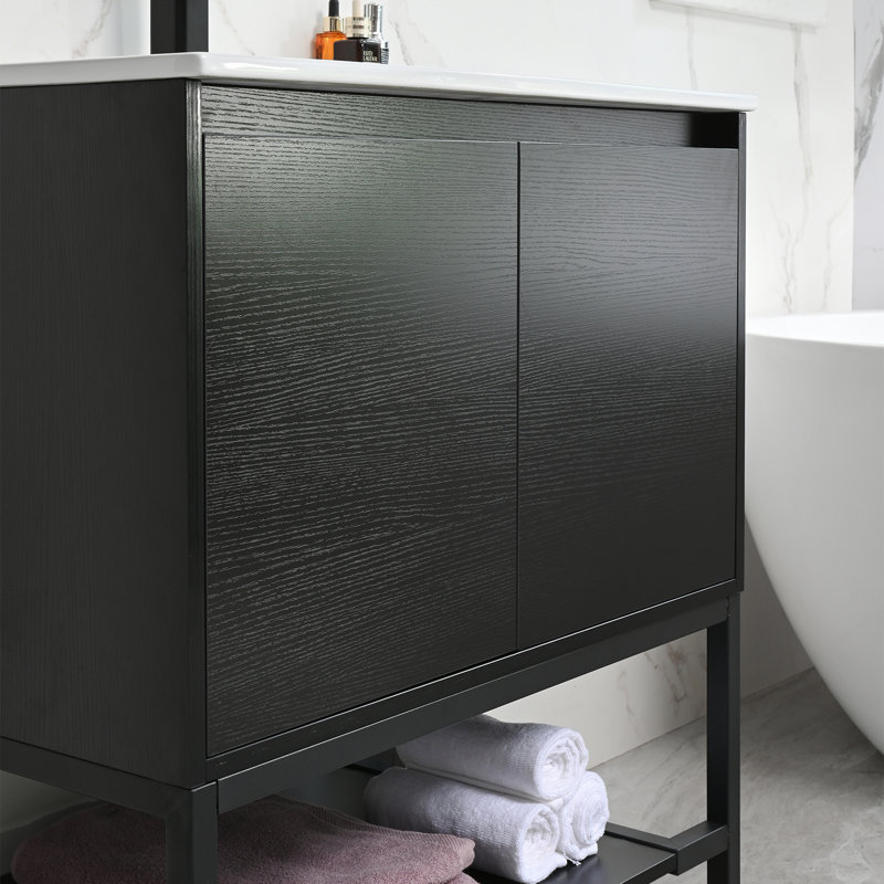 Azai 30'' Modern Single Bathroom Vanity Set with Sink Top, Faucet, Open Shelf, Metal Frame, Black