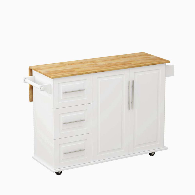 Chariot pour îlot de cuisine avec 2 portes et trois tiroirs, Blanc