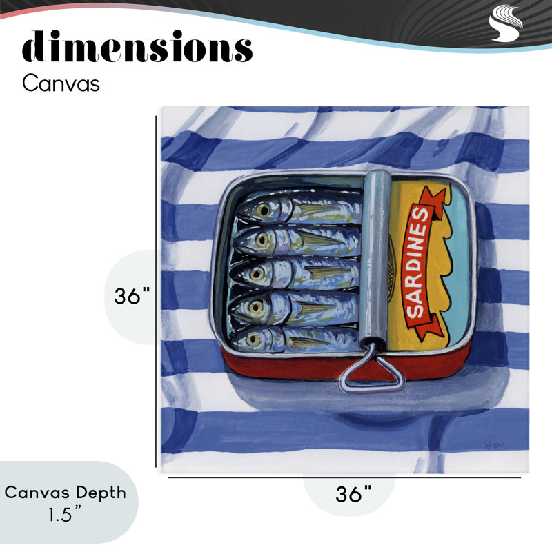 Sardines sur toile rayée, design par Kate Jarvik Birch, H 36 po x l 36 po